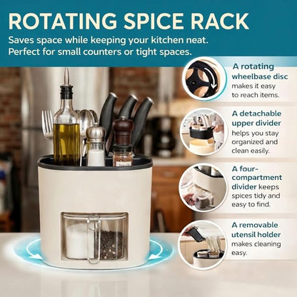 Rotating Kitchen Organizer, Cooking Utensil Holder for Countertop, Seasoning Organizer and Condiment Caddy with Knife Organizer and Spice Containers
