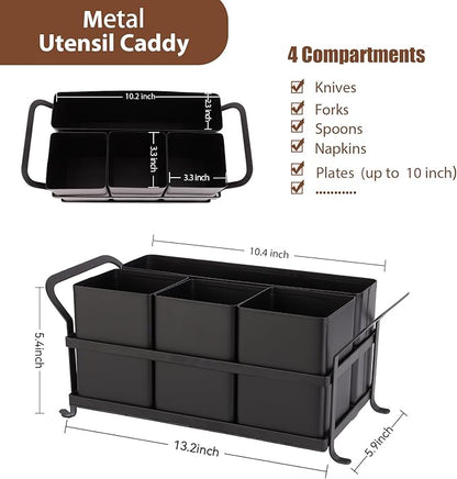 Silverware Caddy Metal Utensil Holder for Party Countertop Silverware Utensil Caddy Cutlery Flatware Organizer for Spoons Forks Plates Napkins Black