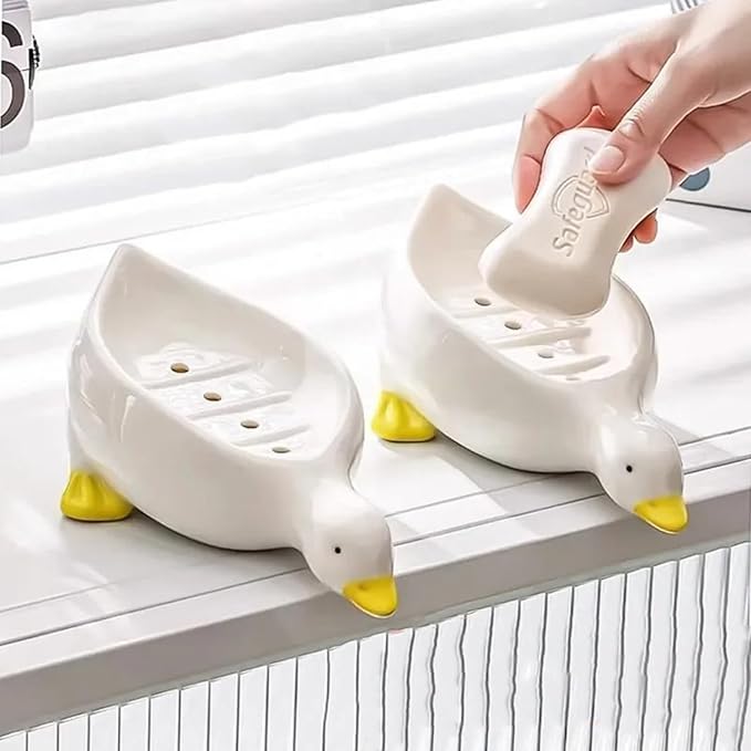 Cute Duck Ceramic Soap Dish with Drainage, Self-Draining, Non-Slip & Easy - Clean, Ceramic Soap Holder for Bathroom Kitchen, Ideal for Soap Sponge, Trinkets, Bathroom Decor Gift