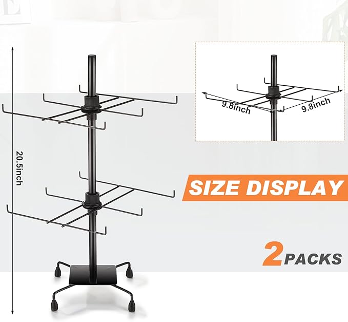 RattanView 2 Pcs Jewelry Rotating Display Stand Adjustable Metal Earrings Bracelet Display Rack Hanging Jewelry Spinning Organizer Tree with Hooks for Vendor Events Selling (2 Tier,Black)