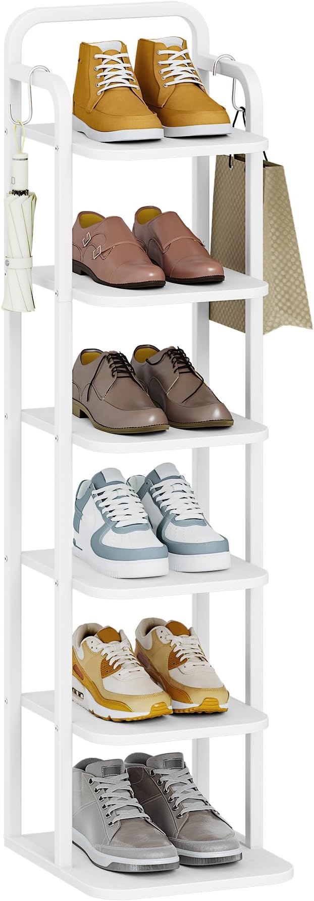 Hzuaneri 6 Tiers Vertical Shoe Rack, Narrow Shoe Tower, Tall Shoes Shelf with 2 Hooks, Adjustable Shelves, Corner Shoes Shelves for Small Spaces, Entryway, Living Room, White SR04213W