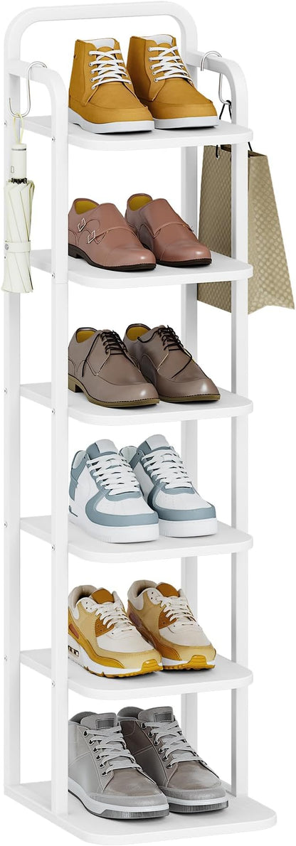 Hzuaneri 6 Tiers Vertical Shoe Rack, Narrow Shoe Tower, Tall Shoes Shelf with 2 Hooks, Adjustable Shelves, Corner Shoes Shelves for Small Spaces, Entryway, Living Room, White SR04213W