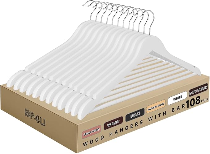 Quality Wooden Clothes Hangers, Solid Wood Suit & Coat Hangers with Pants Bars, Swivel Hook, Shoulder Notches, Heavy Duty Hangers for Shirts, Jackets, Dresses & Trousers(White/108-Pack)