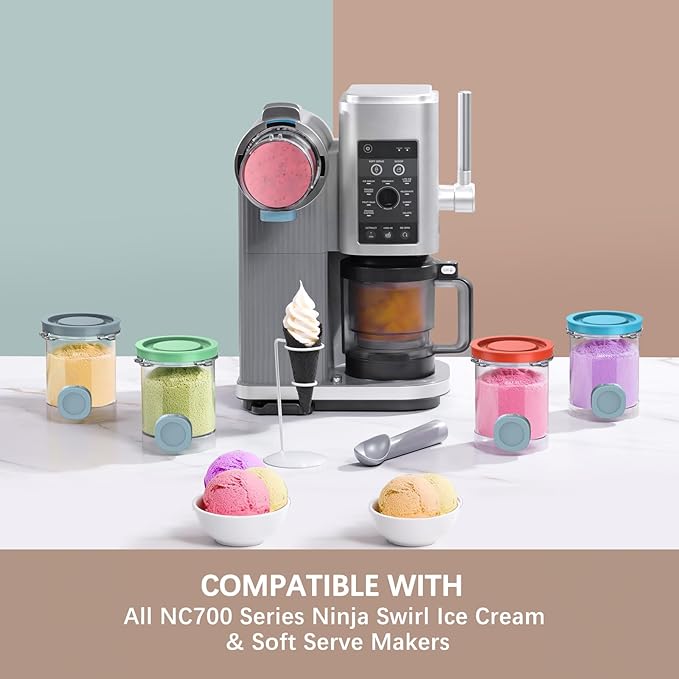 QVN 4 Pack for Ninja Swirl Pints, Creami Containers Compatible with NC700 Series Swirl Creami Maker & Soft Serve Ice Cream Maker - Dishwasher Safe & Freeze Safe