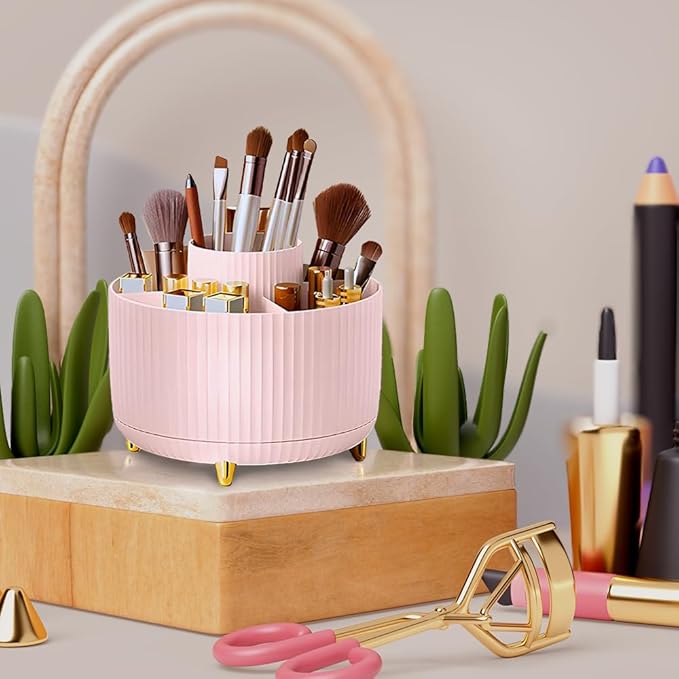WILL OAK Makeup Brush Organiser - Large Compartment Cosmetic Organizer -Eyeliner, Nail Polish, Art Supply, Bathroom Vanity Desktop Organizer (Pink)