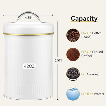Farmhouse Coffee Canister Storage Container, 42 Oz Vintage Coffee Bean Airtight Jar with Lids, Food Tins with 12 Label Stickers, Kitchen Counter Pantry Organization for Candy Sugar Cookie Tea