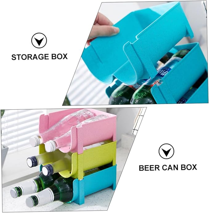 Cabilock 3pcs Stackable Drink Storage Container Non-skid Fall Beer Can and Wine Organizer for Fridge Creative Household Green Blue and Pink