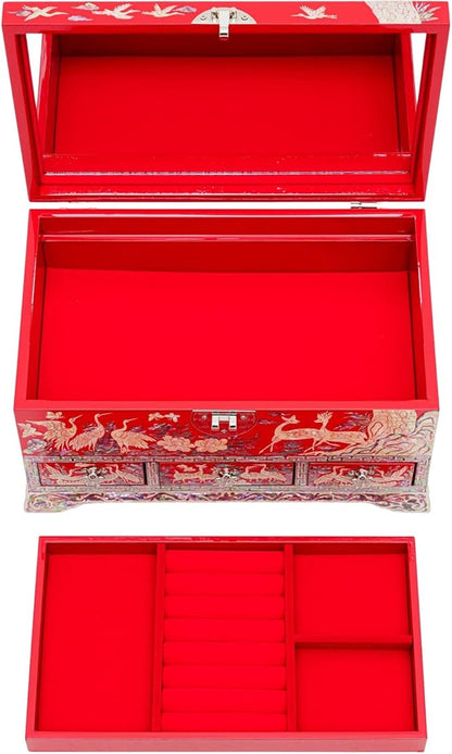 February Mountain Lockable Korean Mother-of-Pearl Jewelry Box - Najeon Chilgi Lacquerware with Crane and Floral Design, Vibrant Red Finish, Handmade
