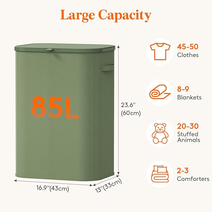Lifewit 85L Large Laundry Basket with Lid, Laundry Hamper with Plastic Handles and Removable Bag, Foldable Tall Dirty Clothes Hampers for Laundry for Laundry Room, Bedroom, Bathroom, Dorm, Green
