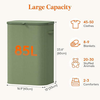 Lifewit 85L Large Laundry Basket with Lid, Laundry Hamper with Plastic Handles and Removable Bag, Foldable Tall Dirty Clothes Hampers for Laundry for Laundry Room, Bedroom, Bathroom, Dorm, Green