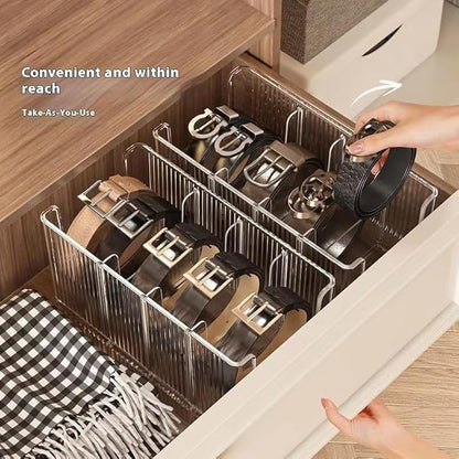 Drawer Organizer for Belt, Tie, Wallet & Accessories | Transparent Belt Storage Box with Removable Dividers – Slim Closet Organizer, Space-Saving Design, Customizable Compartments (2)