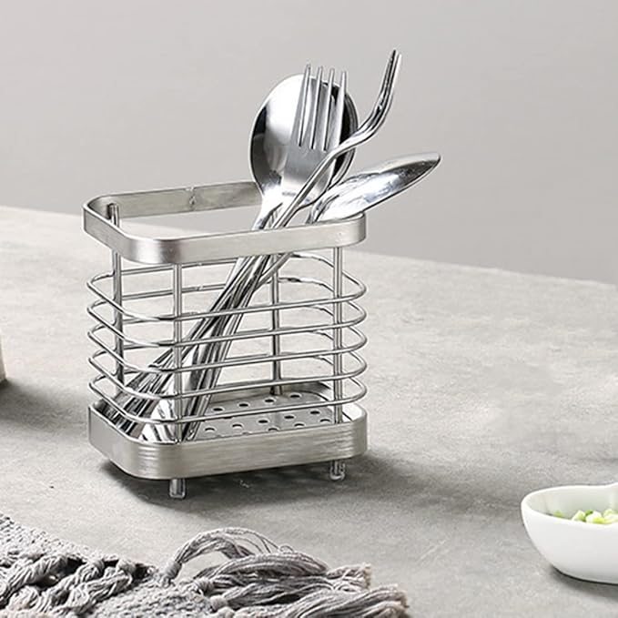 Utensil Holder, Stainless Steel Sink Utensils Holder Countertop, Kitchen Utensil Drying Caddy, Cutlery Drainer for Utensil, Rust-Proof Cutlery Sink Organizer (Silver)