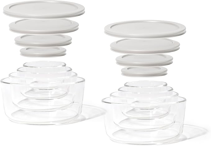 16-Piece Glass Food Storage Containers Set (8 Containers + 8 Lids) | Round, Nesting, Microwave & Dishwasher Safe | BPA-Free, Space-Saving | Grey Lids for Pantry & Kitchen Organization, Grey