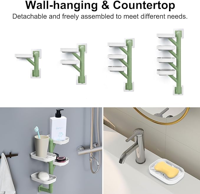 Soap Holder Four Layer Wall Mounted NO-Drilling Rotatable Self-draining Removable Soap Dish for Shower Bathroom Tray,Self Draining Sponge Holder,Razor Holder（White/Green）
