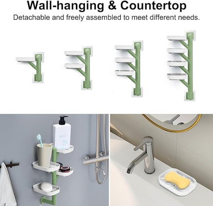 Soap Holder Four Layer Wall Mounted NO-Drilling Rotatable Self-draining Removable Soap Dish for Shower Bathroom Tray,Self Draining Sponge Holder,Razor Holder（White/Green）