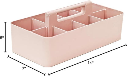 New Plastic Portable Makeup Organizer Caddy Tote Divided Basket Bin with Handle, for Bathroom Storage Made In USA (Indie Pink)