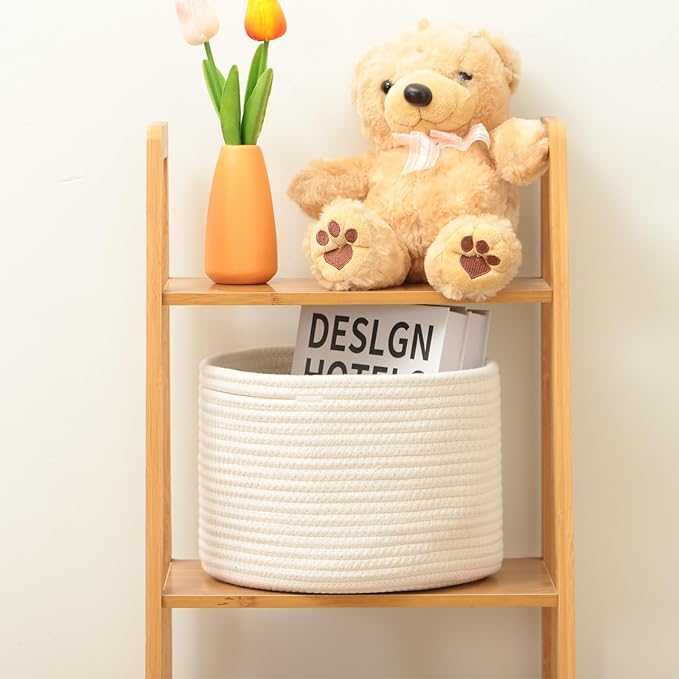 MiniArk Small Basket for Organizing | Cube Shelf Closet Storage Baskets | 9.7×9.7×7.1” | Woven Rope Gift Basket | Nursery | Round 3 Packs Off White
