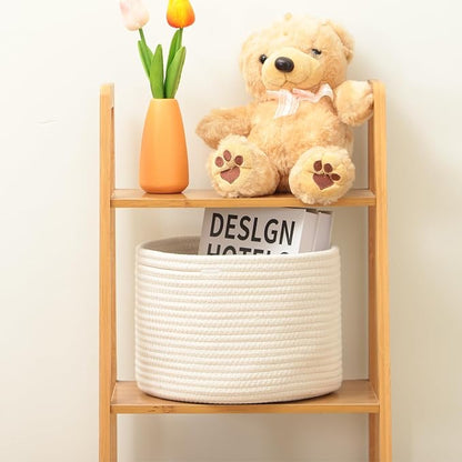 MiniArk Small Basket for Organizing | Cube Shelf Closet Storage Baskets | 9.7×9.7×7.1” | Woven Rope Gift Basket | Nursery | Round 3 Packs Off White