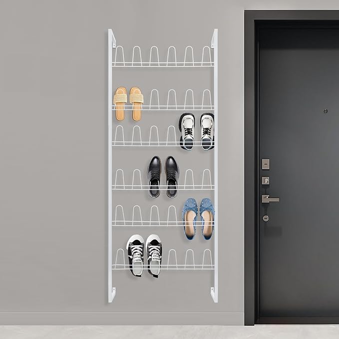 Wall Mounted Metal Shoe Rack Organizer, 6-Tier Iron Hanging Shoe Storage, Shoe Shelf Holds 18 Pairs of Shoes, Shoe Storage Rack for Entryway, Bedroom, Closet, Garage (White, 6-Tier)