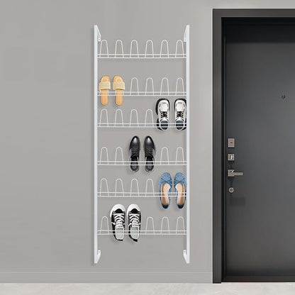Wall Mounted Metal Shoe Rack Organizer, 6-Tier Iron Hanging Shoe Storage, Shoe Shelf Holds 18 Pairs of Shoes, Shoe Storage Rack for Entryway, Bedroom, Closet, Garage (White, 6-Tier)