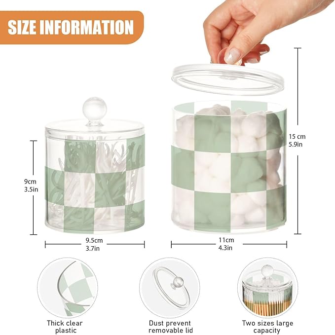 2 Pack Qtip Dispenser Apothecary Jars with Lids Cotton Round Holder Bathroom Canisters for Cotton Swab Floss Ball Pads Clear Plastic Decorative Checkered Green and White