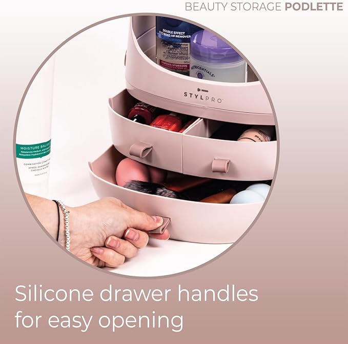 STYLPRO Beauty Storage Pod, Cosmetics & Skincare Organiser with 3 Drawers, Detachable Lid, Dustproof Cover & Travel Handle for Dresser, Bedroom, Bathroom & Home Organisation