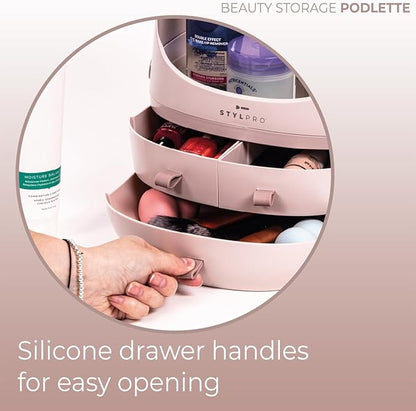 STYLPRO Beauty Storage Pod, Cosmetics & Skincare Organiser with 3 Drawers, Detachable Lid, Dustproof Cover & Travel Handle for Dresser, Bedroom, Bathroom & Home Organisation