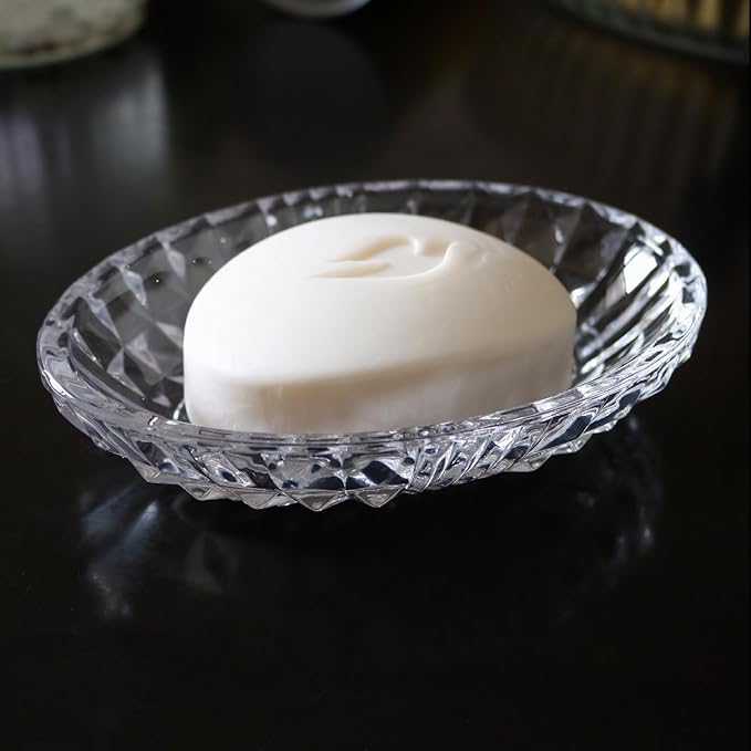 Clear Glass Soap Dish, Oval Bar Soap Holder with Embossed Raised Sides for Bathroom, Sink and Kitchen