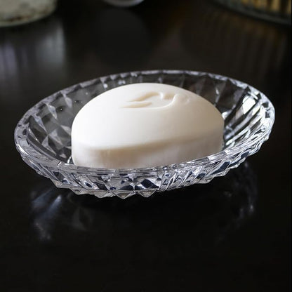 Clear Glass Soap Dish, Oval Bar Soap Holder with Embossed Raised Sides for Bathroom, Sink and Kitchen