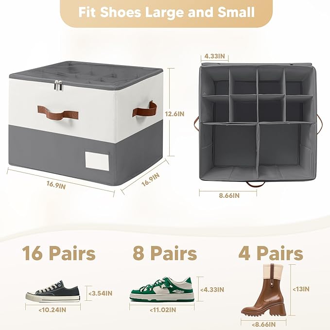 Shoe Organizer for Closet, Fits Up to 16 Pairs, Large Shoe Box Storage Container with Clear Cover, with Adjustable Dividers for Shoe Storage Bins,Space-Saving Shoe Bins (Beige and grey)