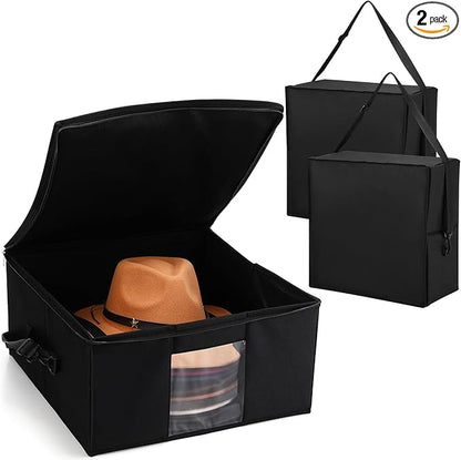 Wonderjune 2 Pcs Hat Storage Box Upgrade Stackable Organizer with Lids Cowboy Hat Box Large Square Bag Foldable Closet Sheet Organizer Travel Container for Men Women(Black)