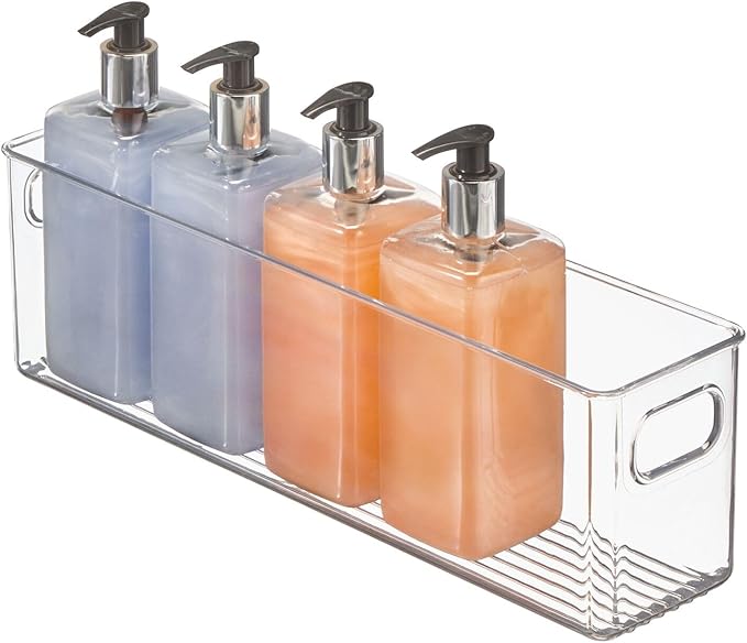 mDesign Plastic Bathroom Organizer - Storage Holder Bin with Handles for Vanity, Cupboard, Cabinet Shelf, Linen or Hallway Closets, Holds Styling Tools, Beauty Products, or Toiletries - 2 Pack - Clear