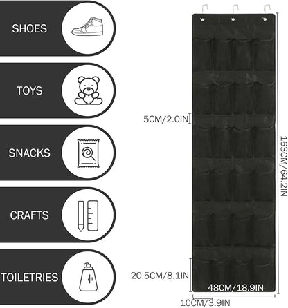 Shoe Hanger for Door, 24 Mesh Pocket Over the Door Organizer, Space Saving Hanging Storage Holder (64x19 Inch, Black)