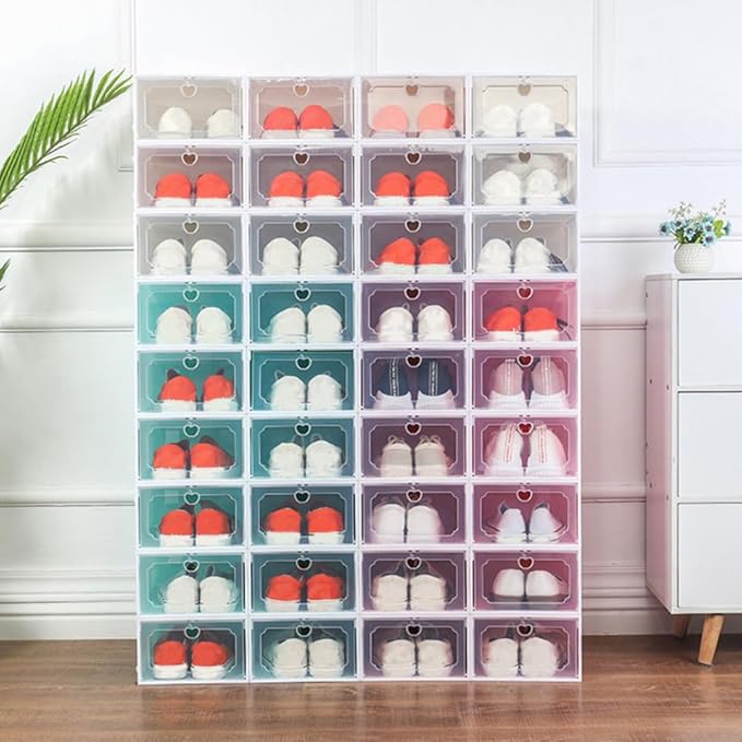 Creative Shoes Box Large Capacity Storage Case with Lid, Thickened Plastic Drawer-type Shoe Organizer for Closet, 6pcs Set, Pearl White