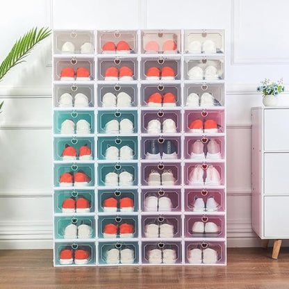 Creative Shoes Box Large Capacity Storage Case with Lid, Thickened Plastic Drawer-type Shoe Organizer for Closet, 6pcs Set, Pearl White