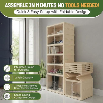 Foldable 6-Tier Shoe Rack Organizer, Large Clear Shoe Storage Cabinet with Magnetic Doors, Heavy Duty Slim Vertical Shoes Rack for Bedroom, Entryway or Garage - Beige (Holds 12 Pairs)
