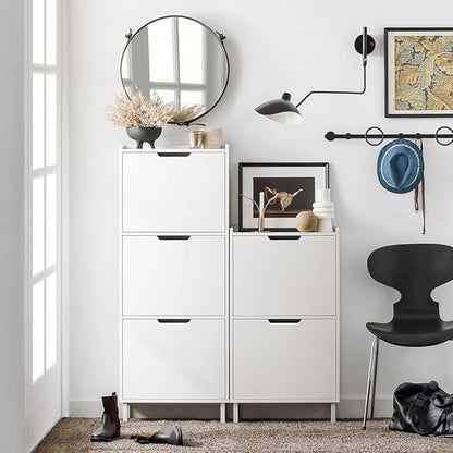 Haotian Slim Shoe Cabinet Entryway, Hidden Shoe Storage with Two Flip Drawers to Save Space, Freestanding Shoe Rack for Front Door, Entryway, Hallway (White)