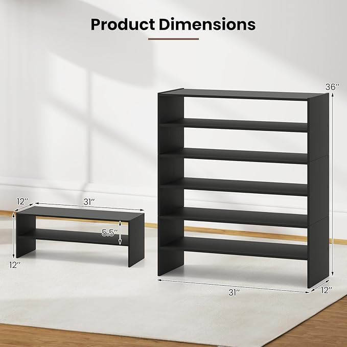Giantex 3-in-1 Vertical Shoe Rack, 6-Tier Free Standing Shoe Storage Organizer w/Stackable Design for 18 Pairs, 31 Inch Wide Wood Shoe Shelf for Closet, Entryway, Living Room, Office, Black