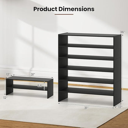Giantex 3-in-1 Vertical Shoe Rack, 6-Tier Free Standing Shoe Storage Organizer w/Stackable Design for 18 Pairs, 31 Inch Wide Wood Shoe Shelf for Closet, Entryway, Living Room, Office, Black