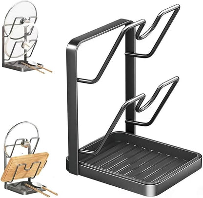 Kitchen Pot Lid Storage Rack, Double Layer Pot Lid Holder Organizer Rack & Holders While Cooking, Multifunctional Pot Lid Organizer with Removable Drip Tray for Countertop