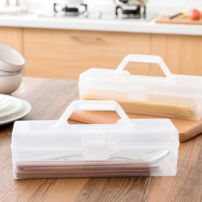 Noodle Storage Box, Plastic Pasta Storage Container with Handle Spaghetti Food Storage Box Multifunctional Airtight Organizer for Noodles, Tableware, Fruits Snacks(White,11.6x3.9x3.5in)