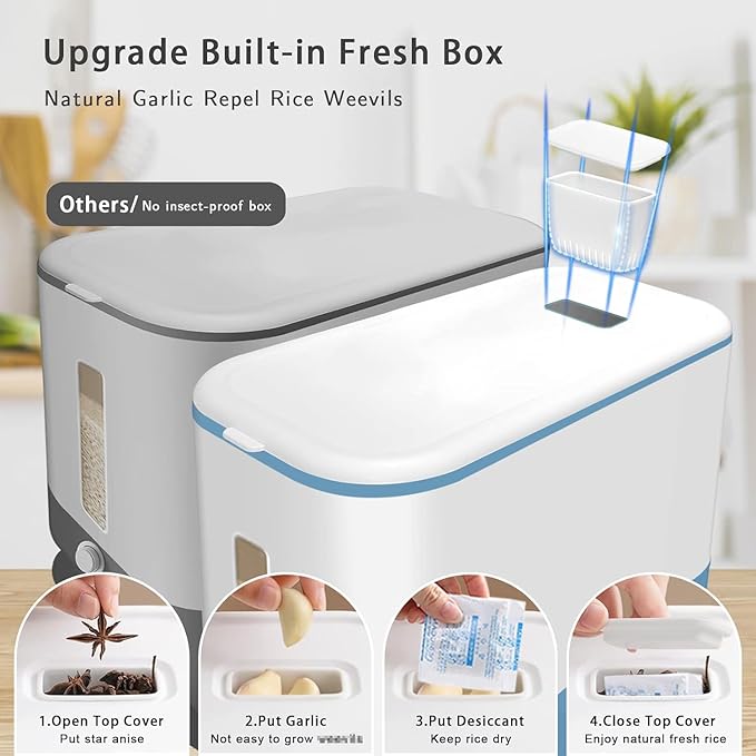 Lenwi 22-25 Lbs Rice Dispenser, Large Cereal Dry Food Storage Containers with Measuring Cup,BPA-Free Household for Kitchen Pantry Organization-Blue