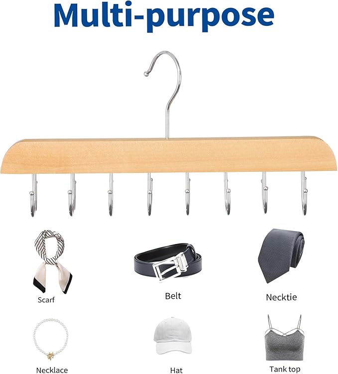 Belt Hanger for Closet, 2 Pack Closet Organizers and Storage Belt Rack Max 48 Belts, Multifunction Wooden Hanger Tie Rack