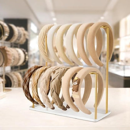 pickpiff Headband Holder Organizer Metal 2-Tier with Tray: Hair Accessories Display Stand Storage, Purse Charms Key Rings Rack Necklace Stand Home Bedroom for Girls Women, Gold