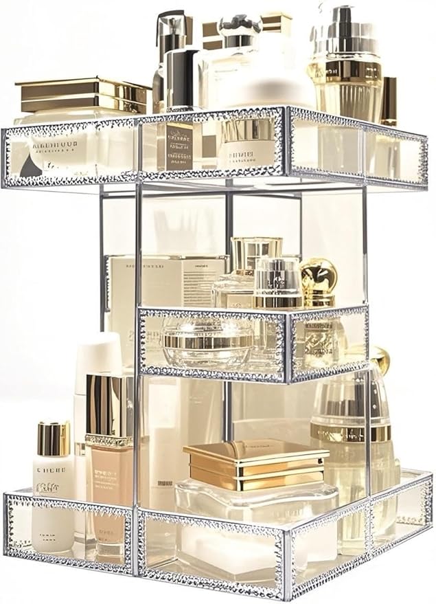 360 Degree Rotation Cosmetic Organizer -Premium Makeup Storage with Spin Base,Antique Countertop Cosmetic Storage,Large Capacity,Beauty Display for Countertop,Vanity or Bathroom (silver)