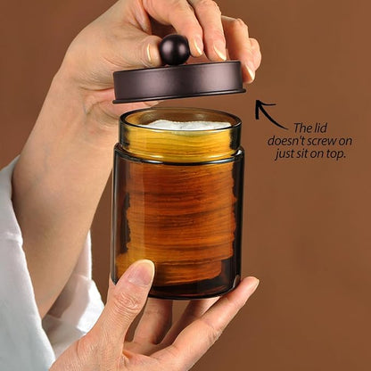 Amber Glass Qtip Holder, Apothecary Jars with brown Metal Lid & Stickers-Bathroom Qtip Dispenser Storage Organizer Set,Vanity Counter Canister for Cotton Swabs,Round Pads,Floss (3 Pack,bronze)