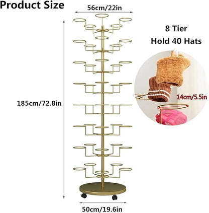 Standing Hat Rack Stand, Cowboy Hat Rack with 40 Hooks, 8 Tier Metal Hat Organizer Rack, Floor Hat Display Rack for Home Store Vendors(Gold,8 Tier)