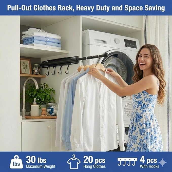 Valet Rod for Closet Pull Out, 12 Inch Retractable Slide Out Closet Rod with 4 Hooks, Heavy Duty Steel Extendable Adjustable Clothes Hanger Rod for Laundry Room, Wardrobe & Bathroom, Black