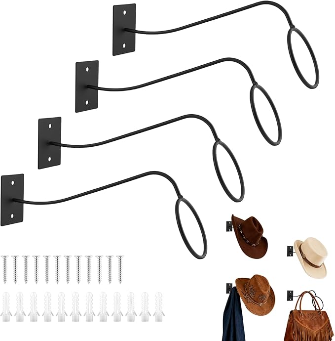 4 Pack Cowboy Hat Rack for Wall, Wall Mount Metal Hats Organizer Storage for Cowboy Hat, Fedora, Sun Hats,Wide Brim