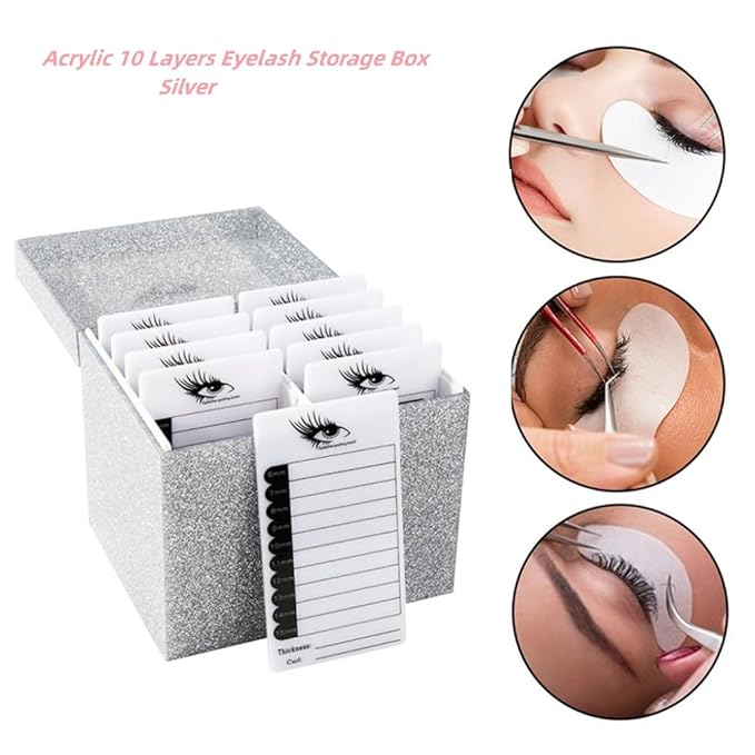 10 Layers Acrylic Eyelash Storage Box,Eyelash Holder Extension Tool,Makeup Organizer False Eyelashes Glue Pallet Holder, Grafting Eye lashes Close-Packed Display with 10 Pallets (Silver)